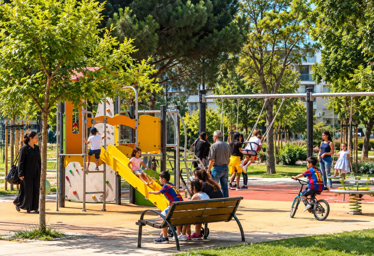 Illustration de familles et d’enfants dans une aire de jeux arborée, lieu de rencontre et de vie de quartier