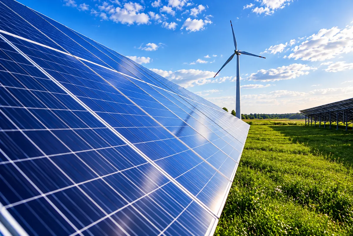 Panneaux solaires photovoltaïques et éolienne illustrant les énergies renouvelables